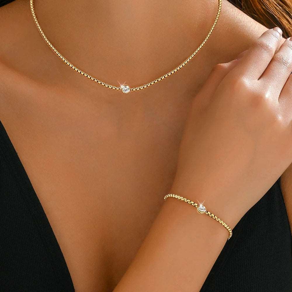 Conjunto de Joias com Diamante em Aço Inoxidável - Colar e Pulseira - +Rex